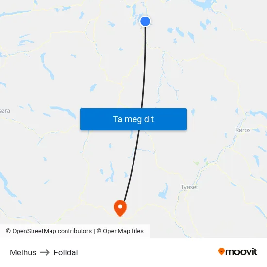 Melhus to Folldal map
