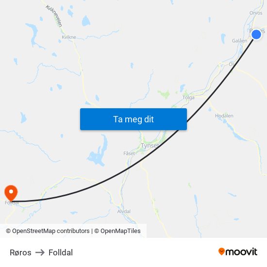 Røros to Folldal map
