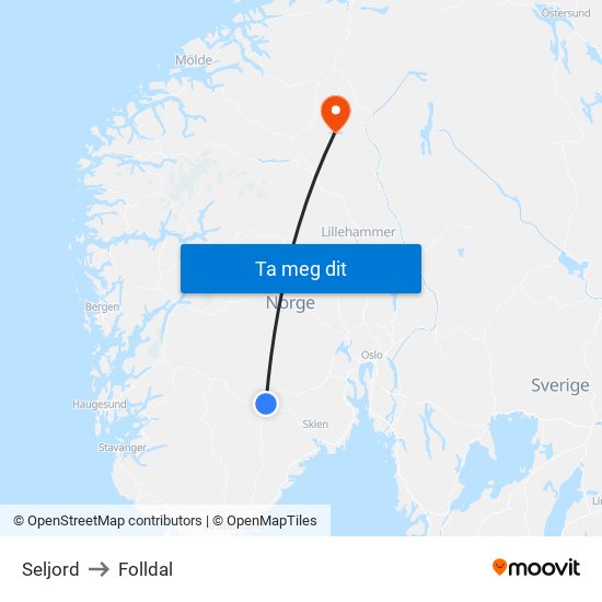 Seljord to Folldal map