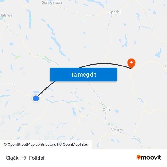 Skjåk to Folldal map