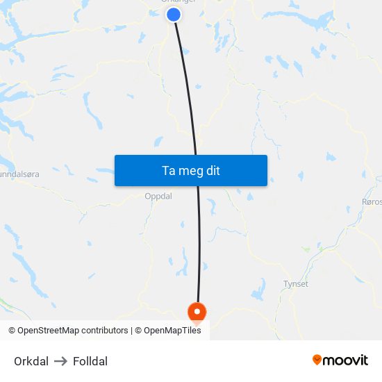 Orkdal to Folldal map