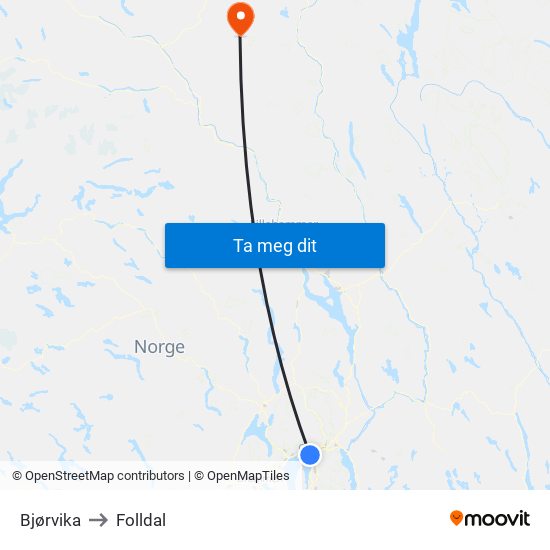 Bjørvika to Folldal map