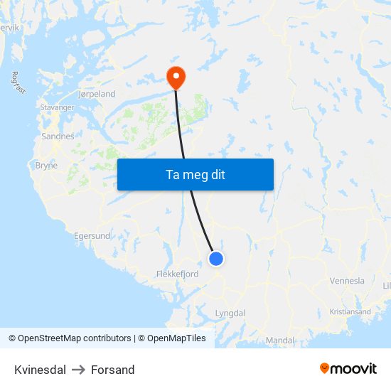 Kvinesdal to Forsand map