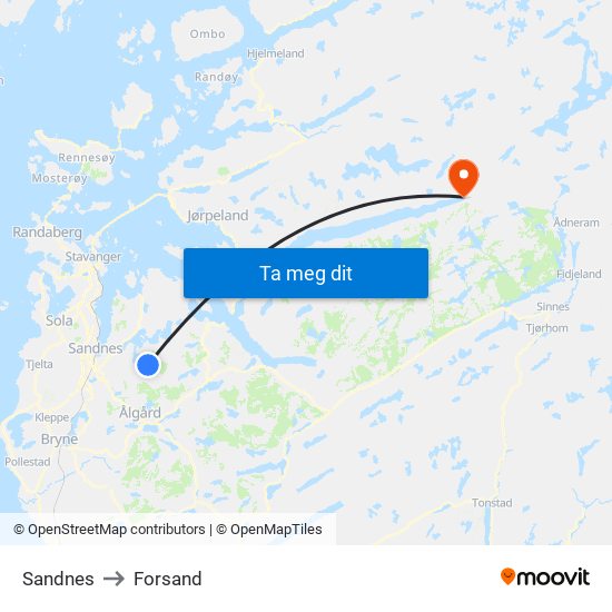 Sandnes to Forsand map