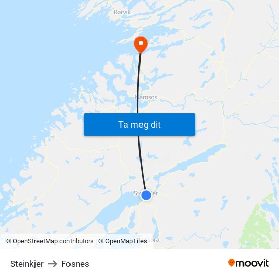 Steinkjer to Fosnes map