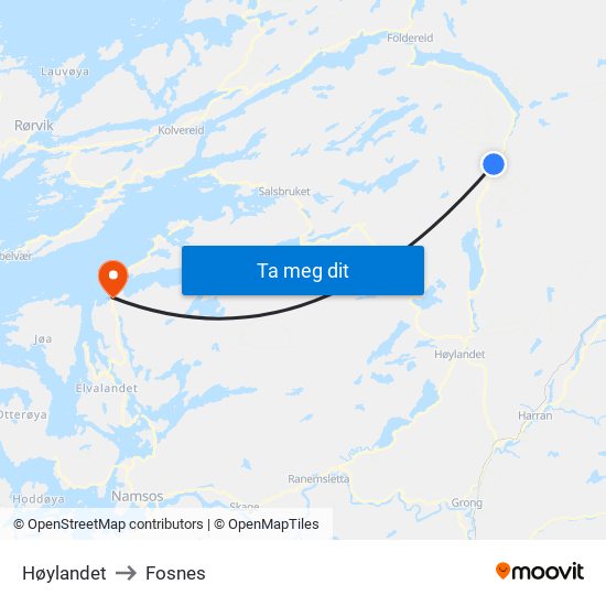 Høylandet to Fosnes map