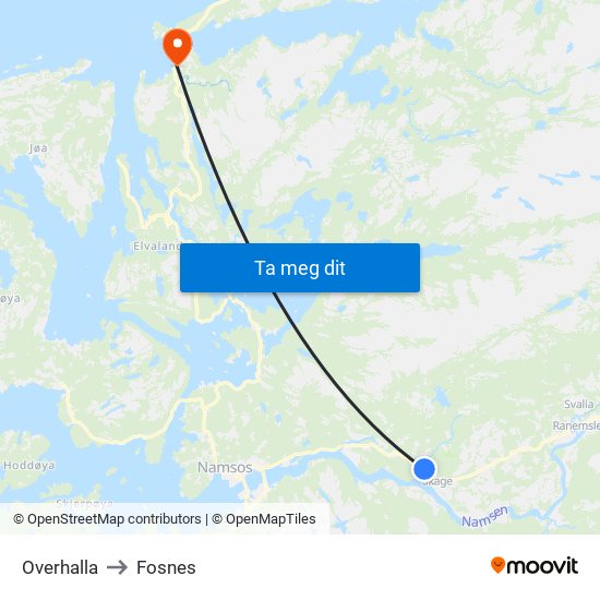 Overhalla to Fosnes map