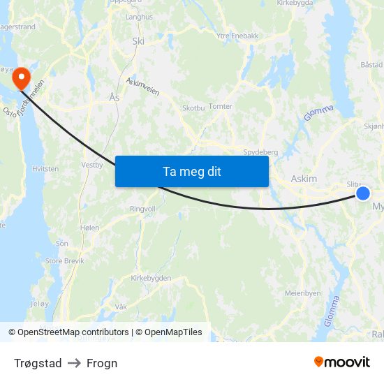 Trøgstad to Frogn map