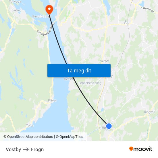 Vestby to Frogn map