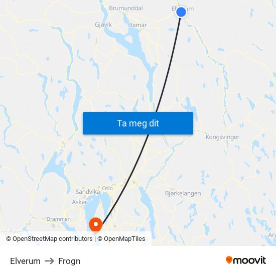 Elverum to Frogn map