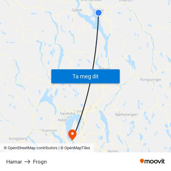 Hamar to Frogn map
