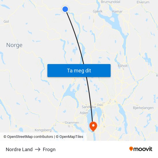 Nordre Land to Frogn map