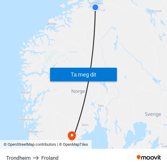 Trondheim to Froland map