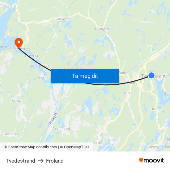 Tvedestrand to Froland map