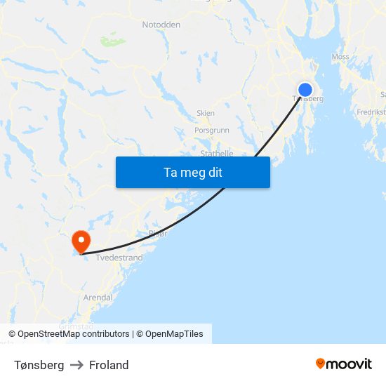 Tønsberg to Froland map