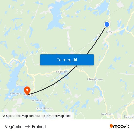 Vegårshei to Froland map