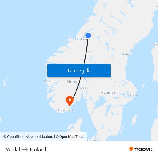 Verdal to Froland map