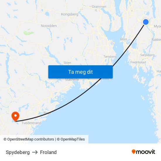 Spydeberg to Froland map