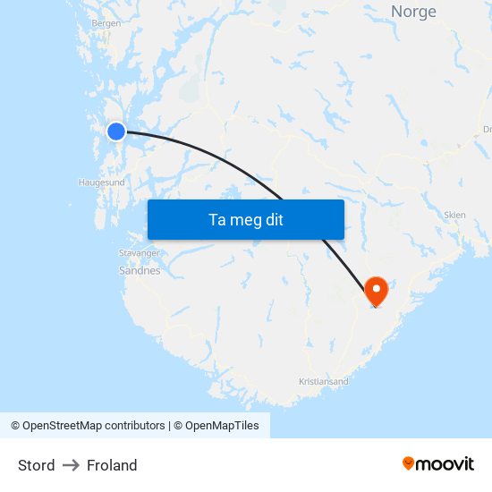 Stord to Froland map