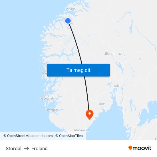 Stordal to Froland map