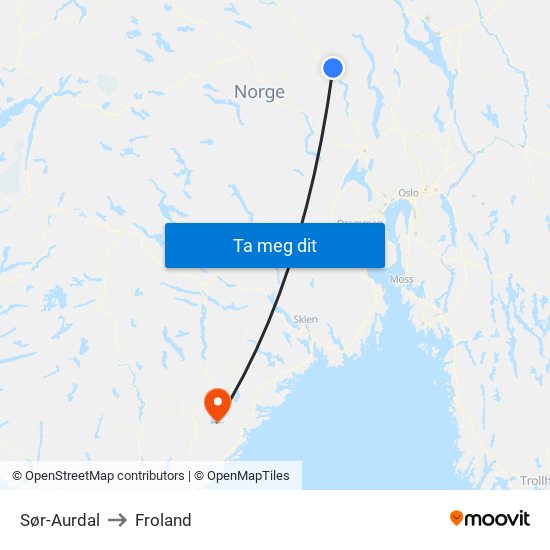 Sør-Aurdal to Froland map