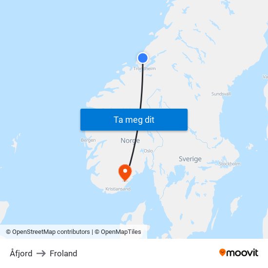 Åfjord to Froland map