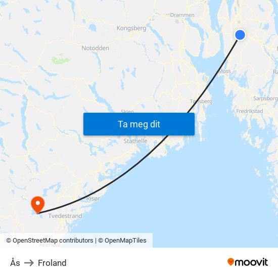 Ås to Froland map