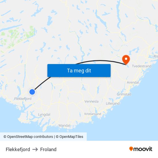 Flekkefjord to Froland map
