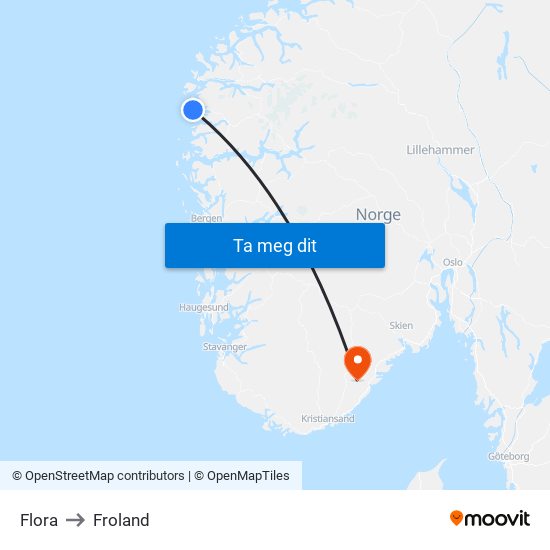 Flora to Froland map