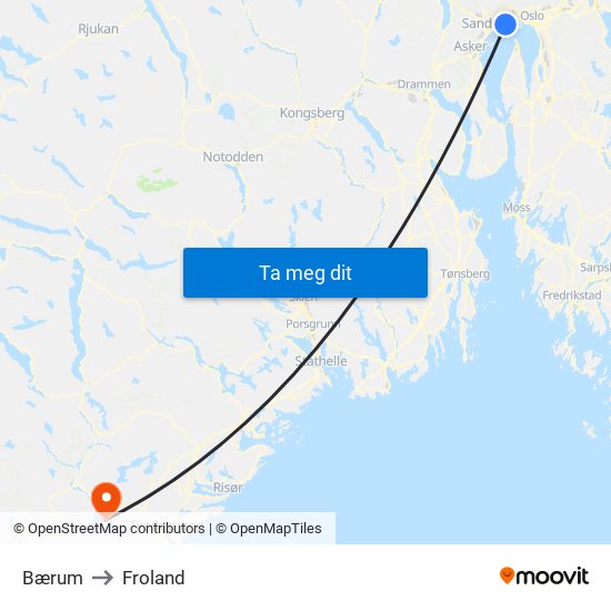 Bærum to Froland map