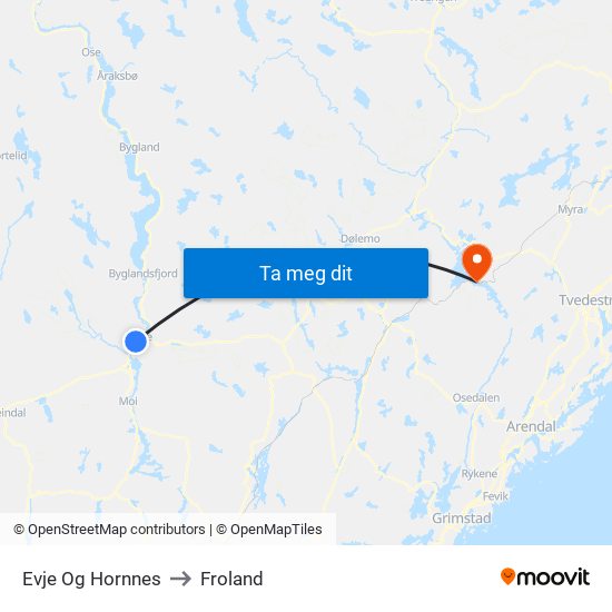 Evje Og Hornnes to Froland map