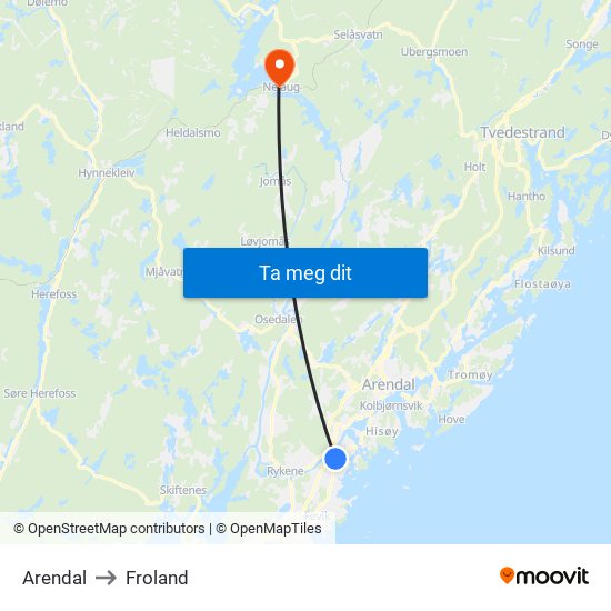 Arendal to Froland map