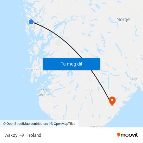 Askøy to Froland map