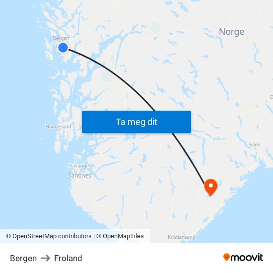 Bergen to Froland map