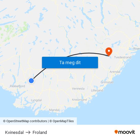 Kvinesdal to Froland map