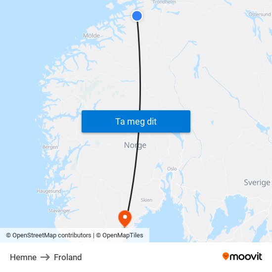 Hemne to Froland map