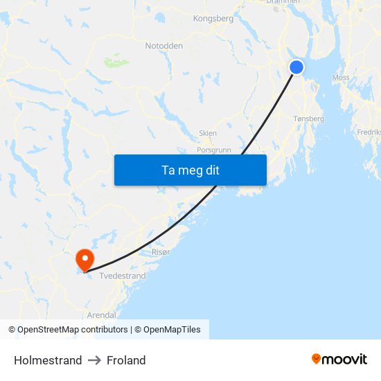 Holmestrand to Froland map