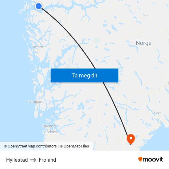 Hyllestad to Froland map