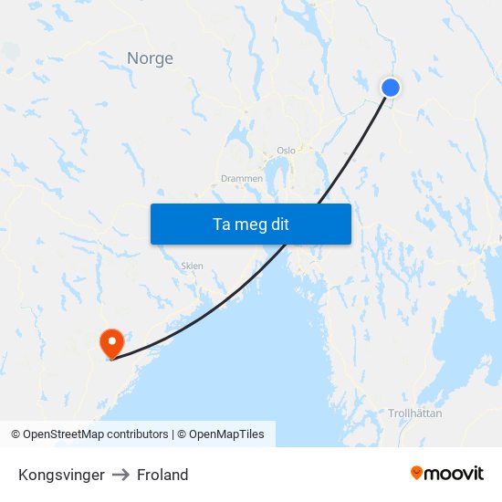 Kongsvinger to Froland map