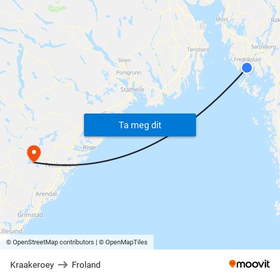 Kraakeroey to Froland map
