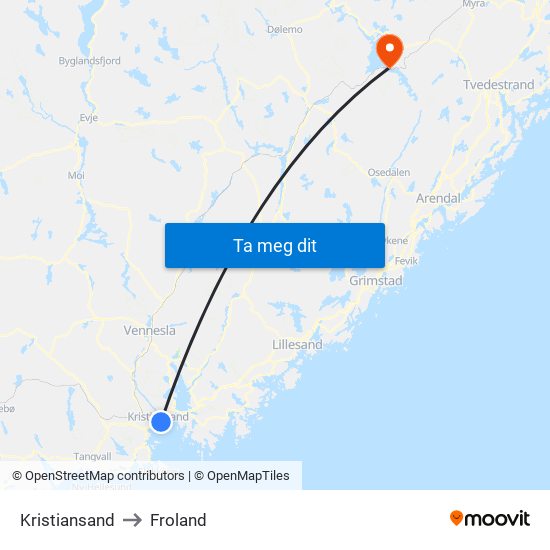 Kristiansand to Froland map