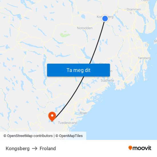 Kongsberg to Froland map