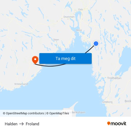 Halden to Froland map