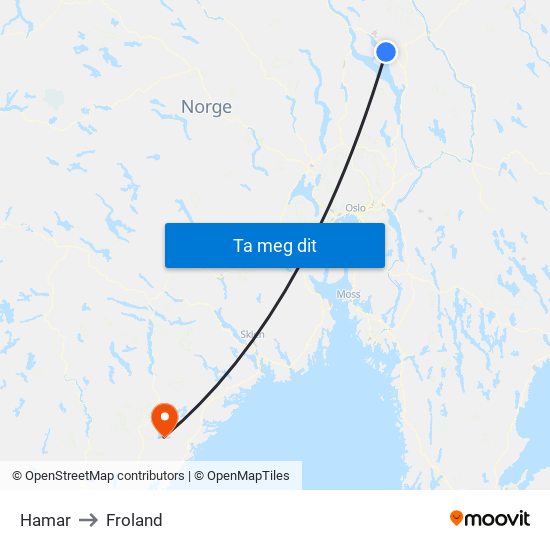 Hamar to Froland map