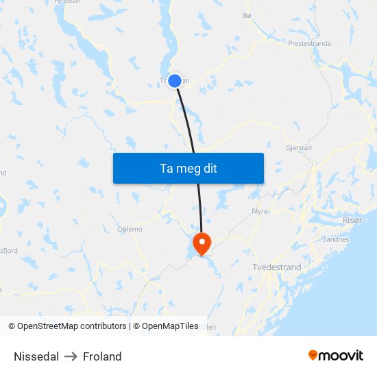 Nissedal to Froland map