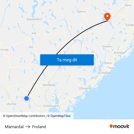 Marnardal to Froland map