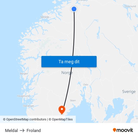 Meldal to Froland map