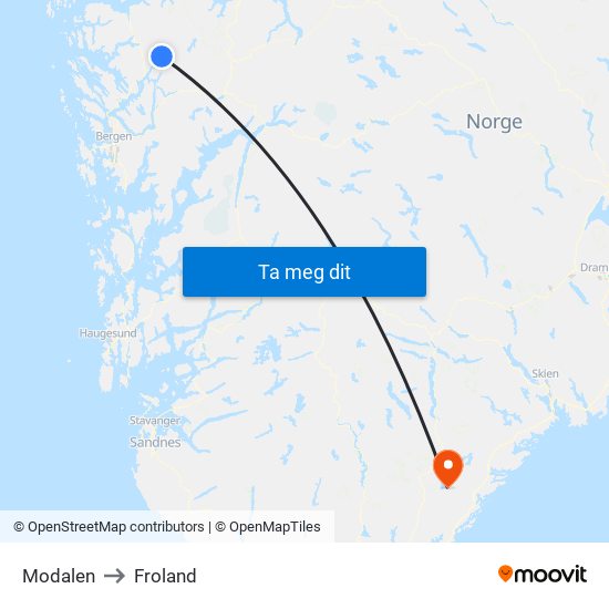 Modalen to Froland map