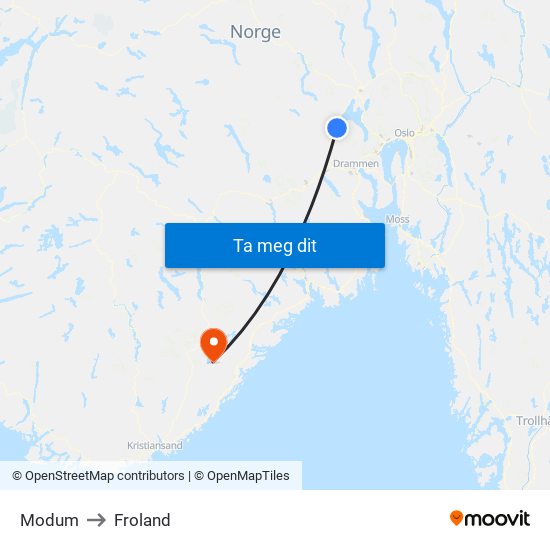 Modum to Froland map