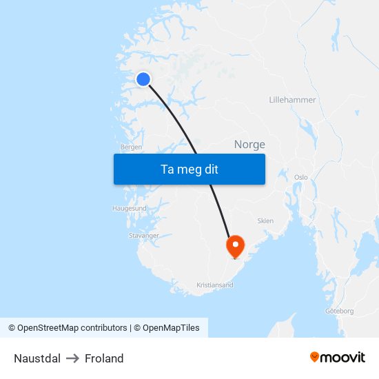 Naustdal to Froland map